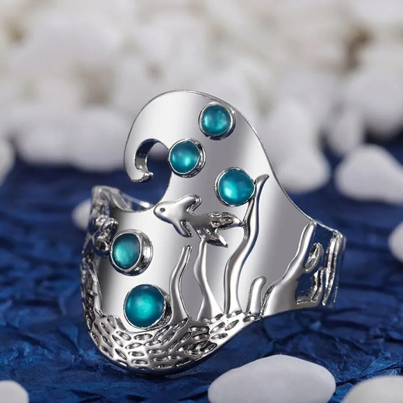 🎁925 Silver Plated Creative Vintage Fish Pattern Blue Gemstone Ring, UNVN12479 - Picture 2 of 4